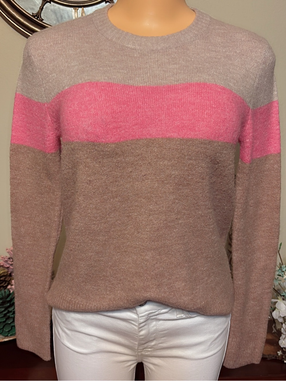 Old Navy Taupe and Pink Crewneck Colorblock Sweater